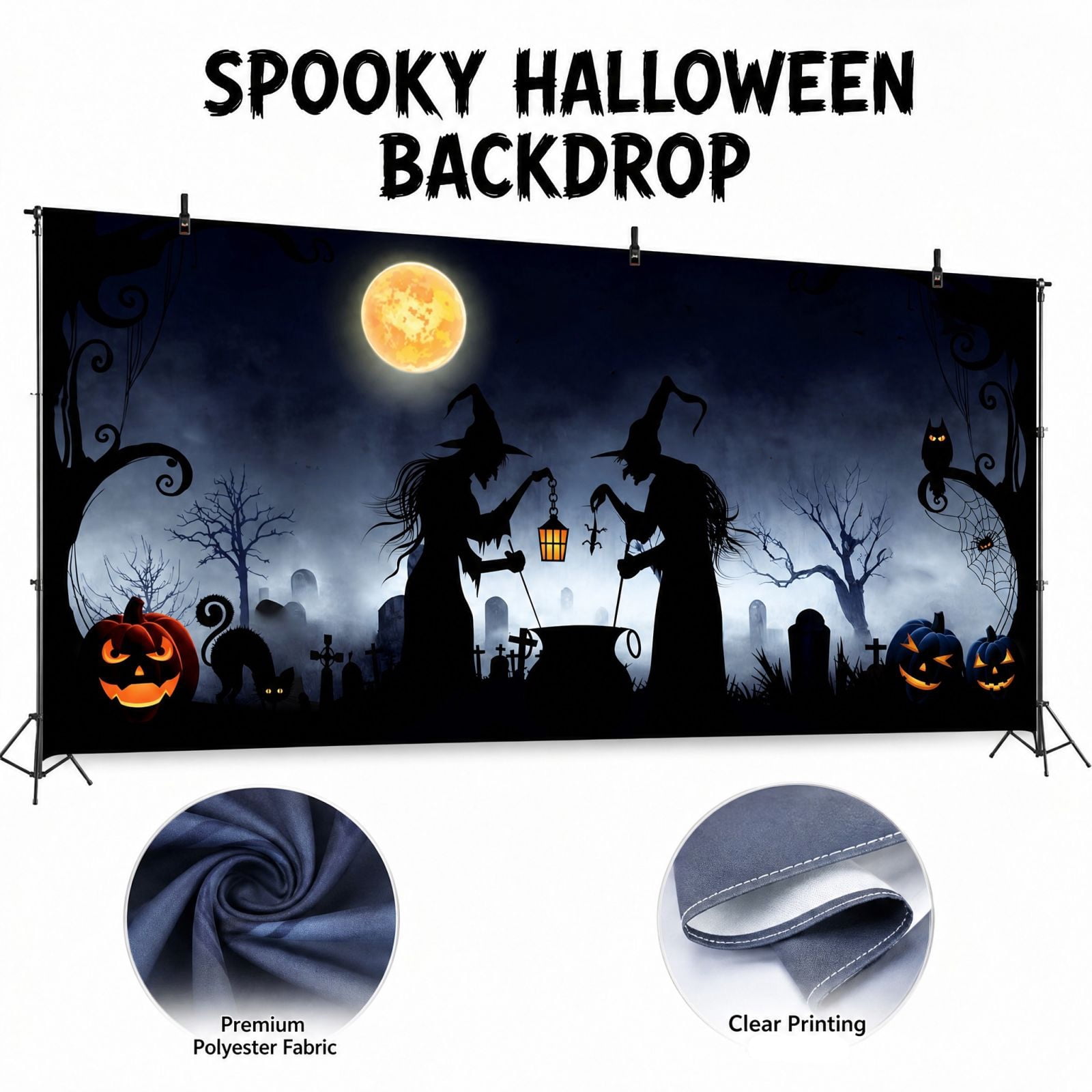Halloween Garage Door Cover with Witch and Pumpkin Silhouette, Large