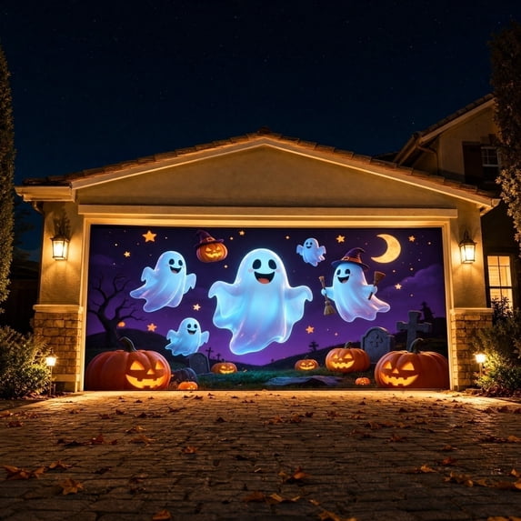 Halloween Garage Door Decorations 95 Inch Large Spooky Cute Ghost Pumpkin Backdrop, Outdoor Halloween Decor for Yard Porch Party, 1 Pack