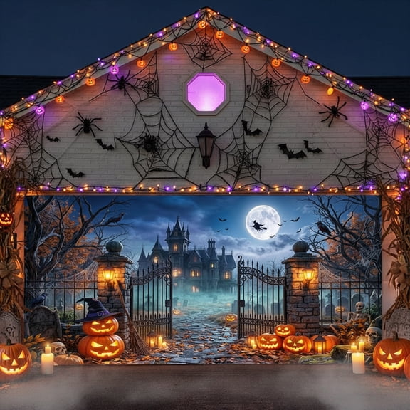 Halloween Garage Door Decorations Banner, 13X6ft Spooky Castle Graveyard Backdrop, Witch Moon Pumpkin Garage Door Cover, Halloween Party Outdoor Decor Photo Background