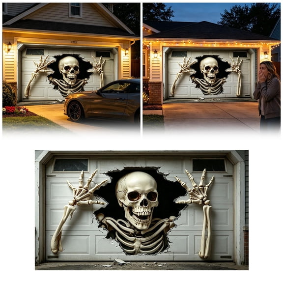 Halloween Garage Door Decorations, Large Skeleton Zombie Ghost 3D Visual Background Banner, for Spooky Halloween Outdoor Atmosphere Layout, Holiday Backdrop for Halloween Party,
