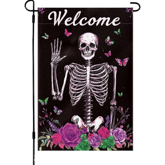Halloween Garden Flag 12 x 18 Inch Double Sided Skeleton and Rose Butterfly Design Burlap Yard Flag for Outside Rustic Fall Autumn Holiday Home Decoration