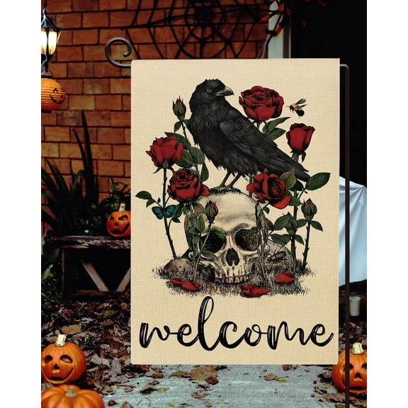 Halloween Garden Flag 12 x 18 Inch Double Sided with Crows Skull and Rose Holiday Yard Decoration