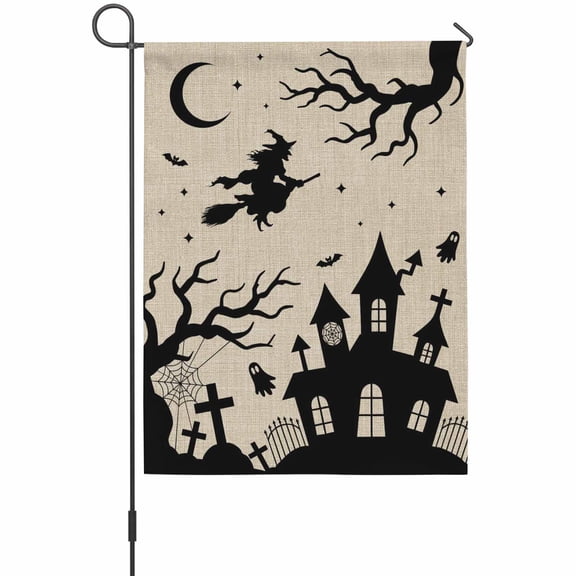 Halloween Garden Flag 12 x 18 Inches, Goth Flying Witch Haunted Castle Tree Silhouette Linen Texture Weather Proof Outdoor Patio Flags Double Sided Small Garden Decoration for Yard Outside Home