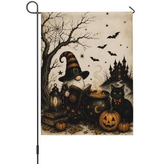 Halloween Garden Flag 12 x 18 Inches, Mystical Astrology Wizard Gnome Black Cat Castle Retro Weather Proof Outdoor Patio Flags Double Sided Small Garden Decoration for Yard Outside Home