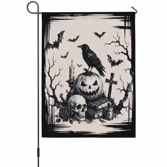 Halloween Garden Flag 12 x 18 Inches, Perched Black Ravens Pumpkin Goth Graveyard Skull Bats Weather Proof Outdoor Patio Flags Double Sided Small Garden Decoration for Yard Outside Home