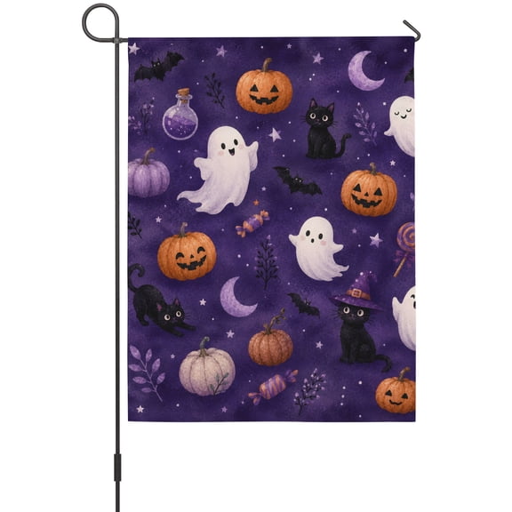 Halloween Garden Flag 12 x 18 Inches, Purple Mystery Floating Ghosts Pumpkins Cat Moon Stars Weather Proof Outdoor Patio Flags Double Sided Small Garden Decoration for Yard Outside Home
