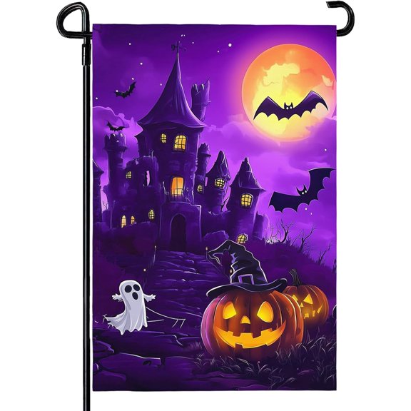 Halloween Garden Flag 12X18 IN Double Sided Scary Night Pumpkin Bat Ghost Garden Flags for Outside Halloween Farmhouse Yard Outside Decoration