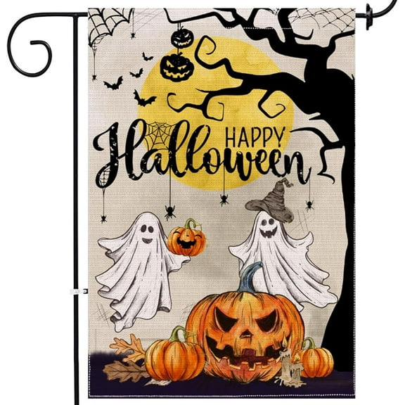 Halloween Garden Flag 12x18 Double Sided, Ghost Happy Halloween Yard Flag, Burlap Signs Samll Halloween Garden Flags Decorations Outdoor For Home Banners Flags Farmhouse