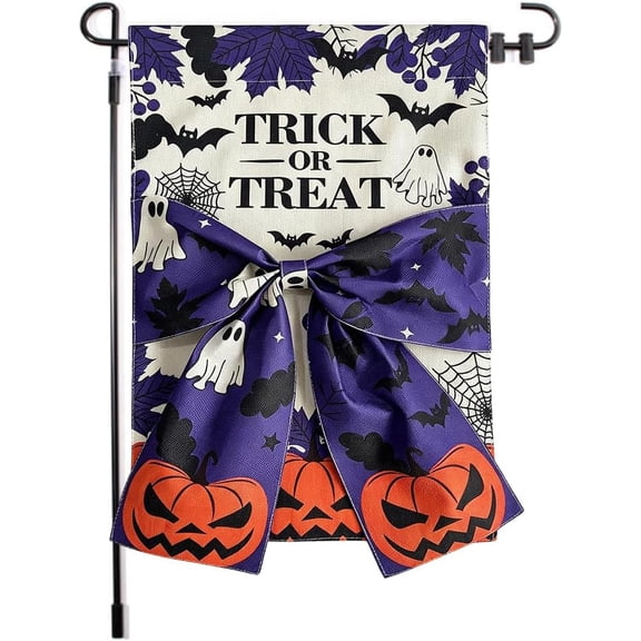 Halloween Garden Flag 12x18 Inch Double Sided, Purple Bow Ghost Pumpkin Bat Spider Web Decor for Yard Outdoor
