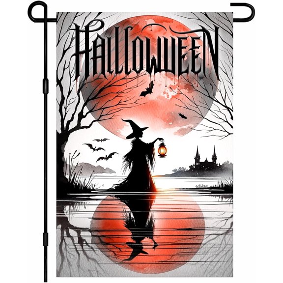 Halloween Garden Flag 12x18 Inch Double Sided Witch Silhouette Flags Lantern Red Moon Haunted Castle Bat Small Yard Flag Scary Decoration for Outdoor Porch Lawn Seasonal Display