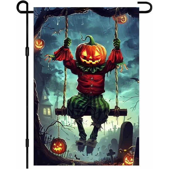 Halloween Garden Flag Autumn Pumpkin Scarecrow Swing Graveyard Spooky Night Outdoor Yard Flag 12x18 Inch Double Sided Banner For Front Yard Porch Lawn Patio Seasonal Home Decor Creepy