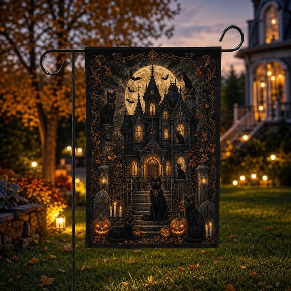 Halloween Garden Flag Black Cat Manor Yard Decor for Gothic Porch