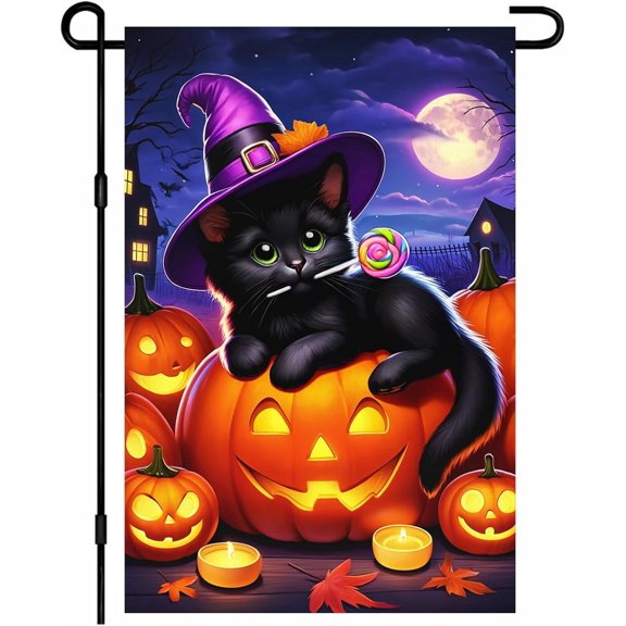 Halloween Garden Flag Cat Pumpkin Garden Flag Fall Garden Flags 12x18 Inch Cute Black Kitten Witch Hat Double Sided Fall Yard Decor Outdoor Banner for Porch Patio Seasonal Home Decoration