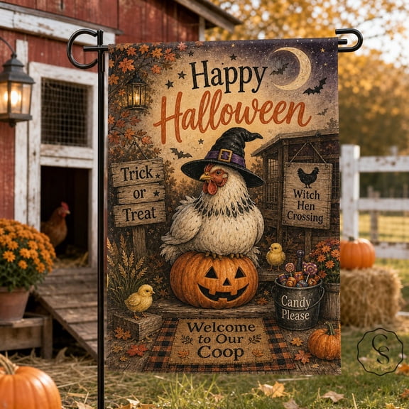 Halloween Garden Flag Chicken Coop Farmhouse for Yard Decor and Porch Entry