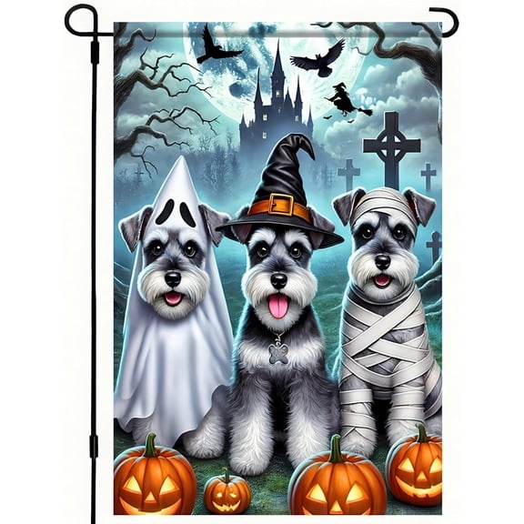 Halloween Garden Flag Double Sided 12x18 Flag Dog Fall Garden Flag Halloween Schnauzer Party Flag With Ghost Dress Up Mummy Dress Up Witch Ghost Black Castle Cross Lawn Outdoor Yard Banner