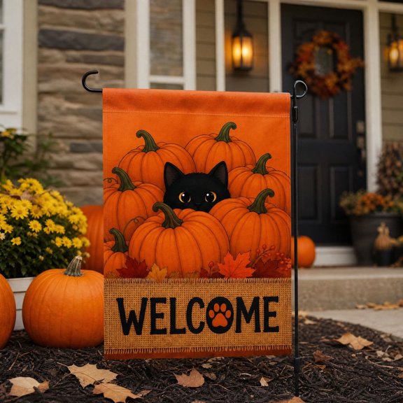 Halloween Garden Flag Double Sided Fall Yard Flag Outdoor Decor, Cute Patterned Burlap Fabric for Front Yard Patio Entryway, Weatherproof Fade Resistant Holiday Decor with Top Sleeve Installation