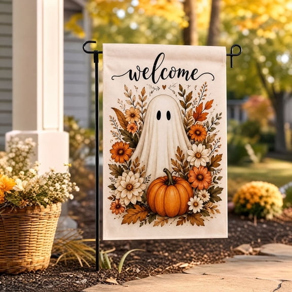Halloween Garden Flag Double Sided Fall Yard Flag Outdoor Decor, Cute Patterned Burlap Fabric for Front Yard Patio Entryway, Weatherproof Fade Resistant Holiday Decor with Top Sleeve Installation