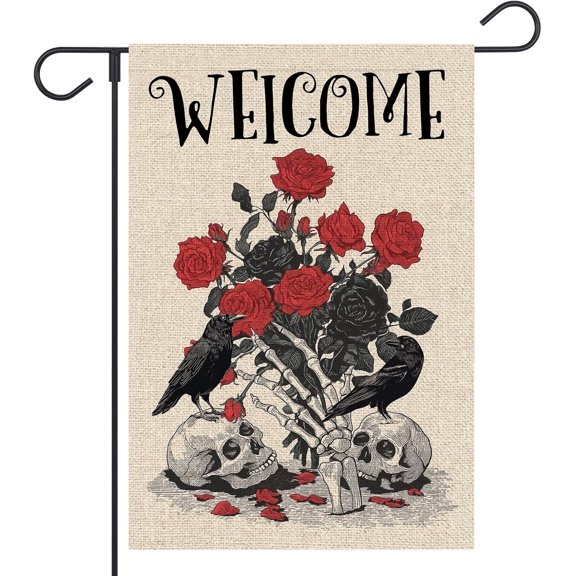 Halloween Garden Flag Double Sided Skeleton Crow and Roses 12x18 Inch Outdoor Decorative Yard Flag