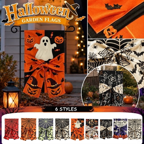 Halloween Garden Flag Double-Sided Spiderweb Design with Skull Bow for Porch, Fence or Indoor Fall Decor