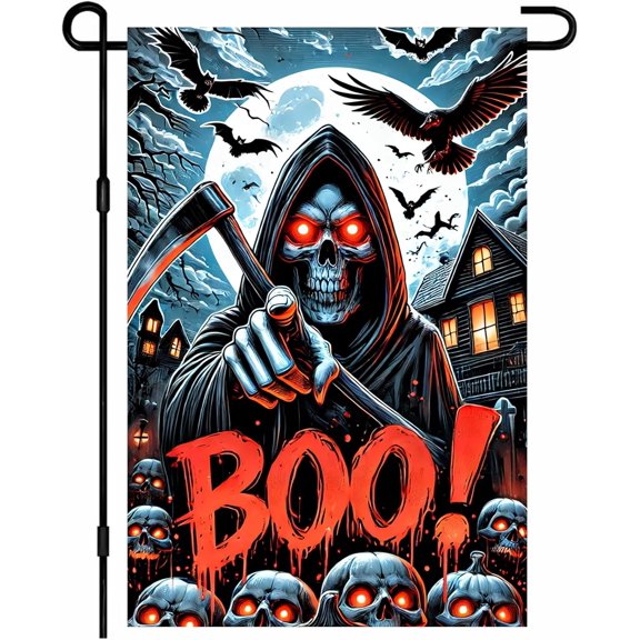 Halloween Garden Flag Eerie Grim Reaper Scythe Skulls Flag 12x18 Inch Haunted House Full Moon Bats Spooky Double Sided Outdoor Banner For Front Yard Porch Lawn Patio Seasonal Yard Decor