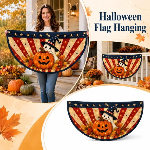 Halloween Garden Flag Fall Bunting Banner, Cute Pumpkin and Ghost Pleated Half Fan 35.4x17.7 Inch for Porch Window Mantel Outdoor Yard Indoor Party Home Decor
