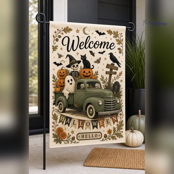 Halloween Garden Flag, Farmhouse Halloween Flag, Vintage Truck Pumpkin Ghost Skeleton Welcome Flag, Front Porch Outdoor Fall Decor