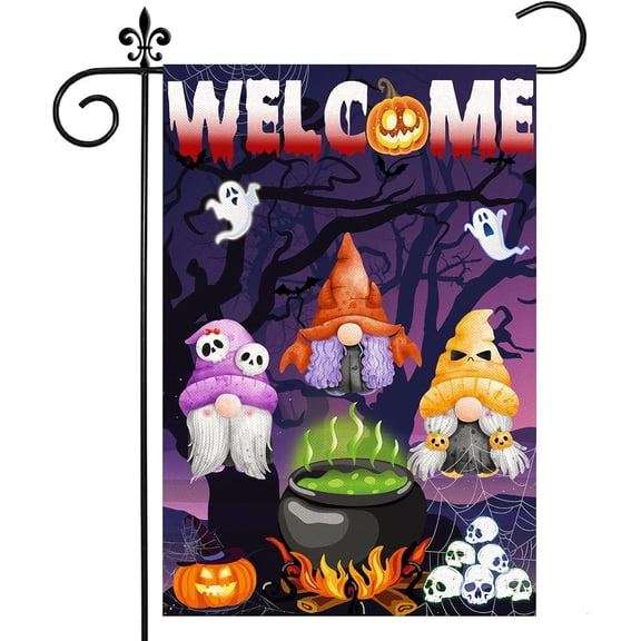 Halloween Garden Flag, Halloween Flags 12x18 Double Sided, Welcome Halloween Gnomes with Pumpkins Black Cat Ghost Burlap Vertical Small Yard Flag Holiday Decorations Signs for Home Outdoor Outside