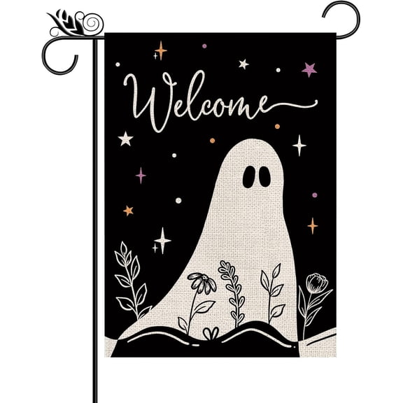 Halloween Garden Flag Ghost Black Burlap Double Sided 12.5x18 Inches Halloween Holiday Welcome Sign for Yard Lawn Home Outdoor Decor