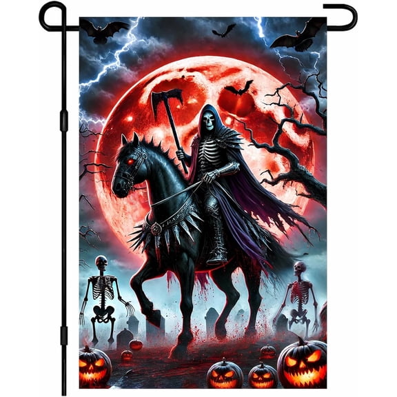 Halloween Garden Flag Grim Reaper Skeleton Rider Horse Red Moon Skeletons Jack O Lantern Pumpkins Spooky Outdoor Yard Decor 12x18 Inch Double Sided Flag Banner Scary Gothic Fall