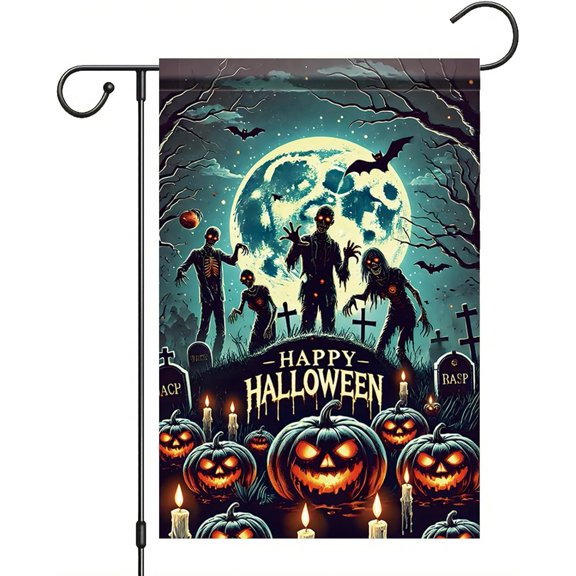 Halloween Garden Flag Happy Halloween Zombies Moon Pumpkin 12x18 Inch Double Sided Outdoor Yard Banner for Trick or Treat Haunted House Spooky Yard Decoration Decor