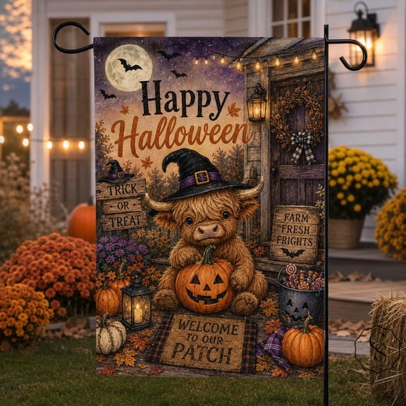 Halloween Garden Flag Highland Cow Witch Welcome Yard Decor for Farmhouse Porch