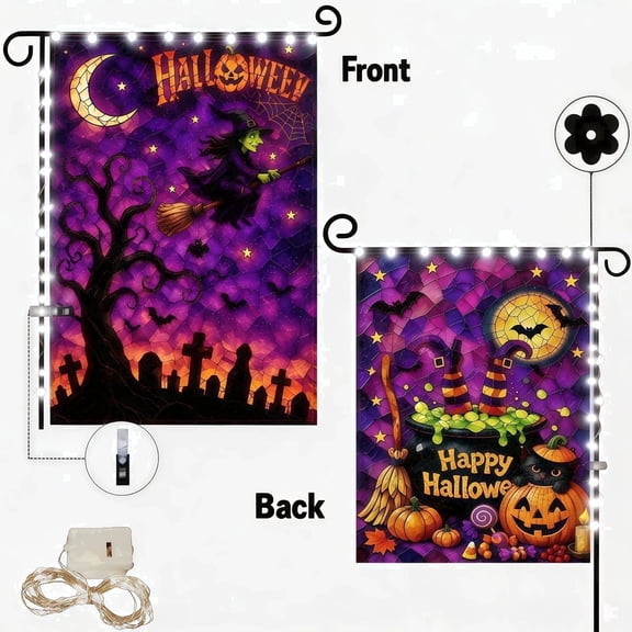 Halloween Garden Flag with LED Lights, 12x18 Inch Double Sided, Polyester Witch & Black Cat Outdoor Yard Decoration for Halloween Themed Party Farmhouse Holiday Seasonal Decor