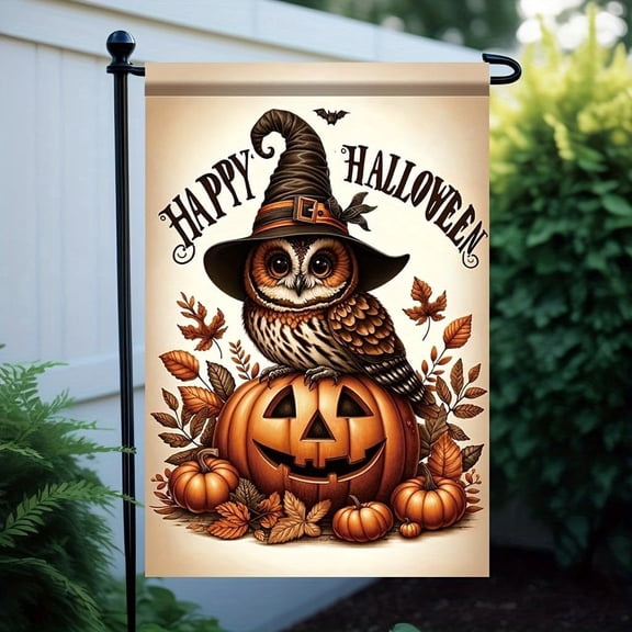 Halloween Garden Flag Owl With Witch Hat and Pumpkin 12x18 Inch Double Sided Outdoor Yard Banner for Trick or Treat Haunted House Spooky Holiday Decoration