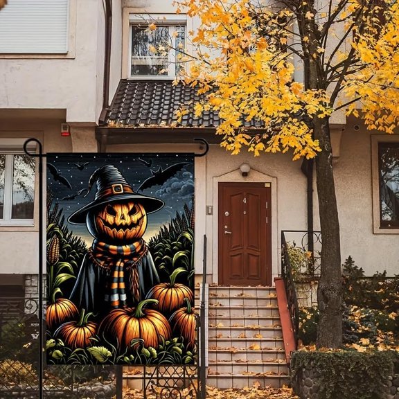 Halloween Garden Flag Pumpkin Scarecrow Witch Hat 12x18 Inch Double Sided Outdoor Yard Banner for Haunted House Trick or Treat Spooky Holiday Decoration