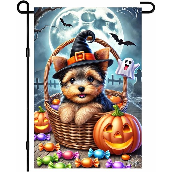 Halloween Garden Flag Puppy in Witch Hat with Ghost & Pumpkins 12x18 inches Double Sided Spooky Cute Outdoor Indoor Hanging Halloween Decorative Home Garden Flag