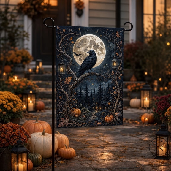 Halloween Garden Flag Raven Full Moon Yard Display for Gothic Outdoor Decor