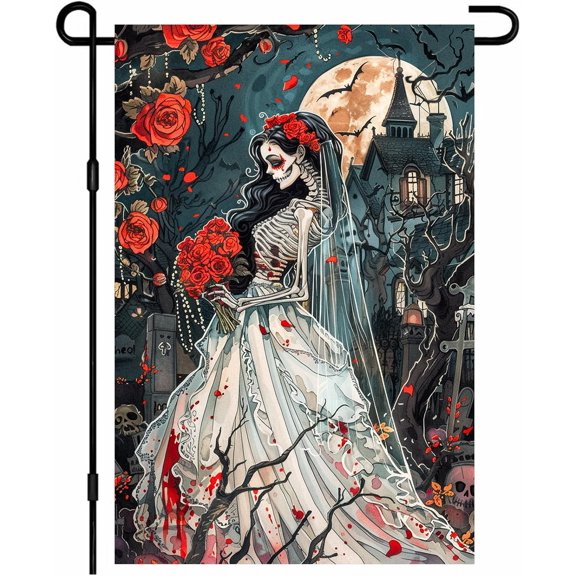 Halloween Garden Flag Skeleton Bride With Roses Under Full Moon 12x18 Inch Double Sided Spooky Welcome Outdoor Holiday Decor