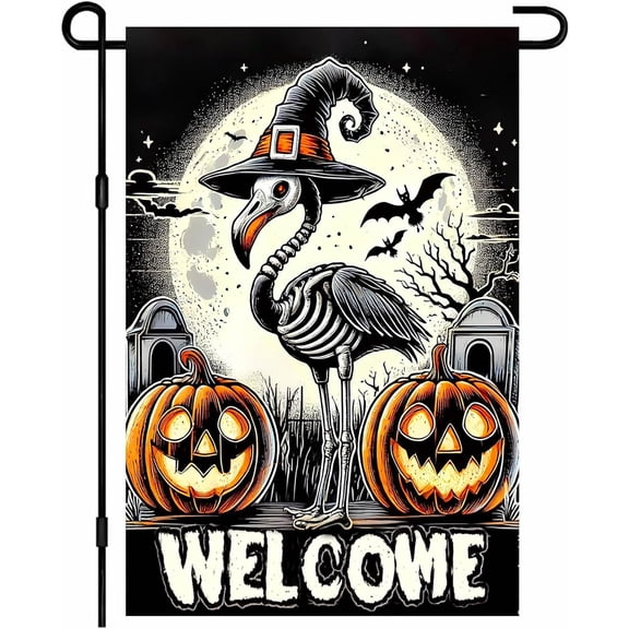 Halloween Garden Flag Skeleton Flamingo With Witch Hat 12 x 18 Inch Seasonal Outdoor Yard Banner Double Sided Spooky Home Dcor