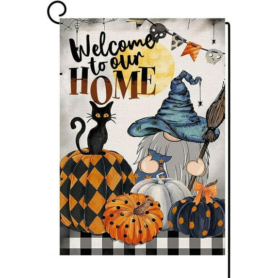 Halloween Garden Flag Vertical Double Sided Black Cat Pumpkin Gnome Small Yard Flag Flag, Farmhouse Yard Outdoor Halloween Decoration