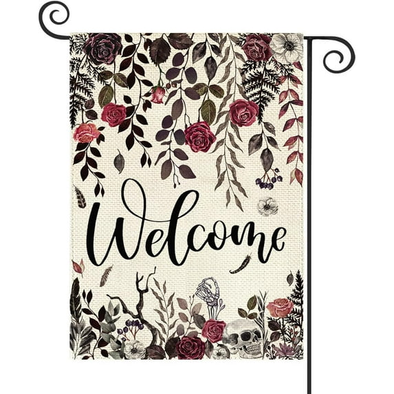 Halloween Garden Flag Welcome Floral mini 12.5 x 18 Inch Double Sided Burlap Skeleton Gothic Floral Yard Flag Holiday Seasonal Outdoor Outside Decoration