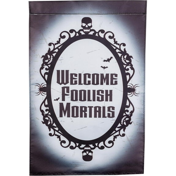 Halloween Garden Flag (Welcome Foolish Mortals)-12"x18"-Outdoor Banner, Spooky Trick or Treat Haunted House Mansion Decor Yard Lawn Signs -Fall Decoration-Fits Most Poles (Sold Separately)