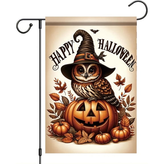 Halloween Garden Flag With Owl Pumpkin And Witch Hat, Double Sided 12 x 18 Inch Outdoor Yard Banner For Autumn Harvest Holiday Decor
