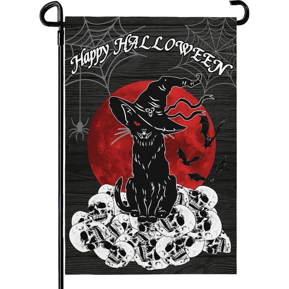 Halloween Garden Flags Black Cat Skull Garden Flag Outdoor Sign Moon Night Skeleton Small Yard Flags Scary Holiday Decorations for Lawn Outisde