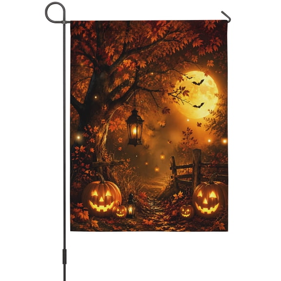Halloween Garden Flags For Outdoor, Autumn Harvest Carved Pumpkins Maple Orange Moon Small Double Side Yard Flags Weather Proof Garden Decor for Lawn Outside Holiday 12 x 18 Inches