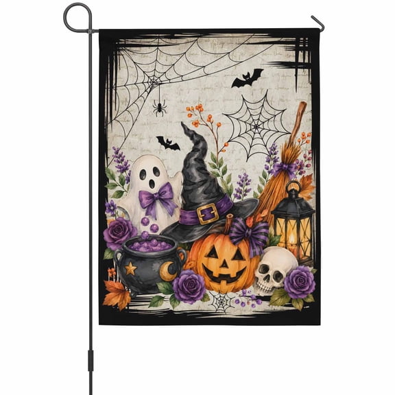 Halloween Garden Flags For Outdoor, Fall Vintage Ghosts Wizard Hats Spiderwebs Bubbling Potions Small Double Side Yard Flags Weather Proof Garden Decor for Lawn Outside Holiday 12 x 18 Inches