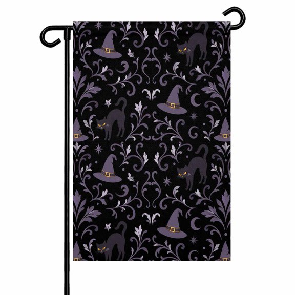 Halloween Garden Flags for Outside Evil Black Cat Magic Hats Double Sided Yard Flags Outdoor House Decoration, Small 28X40 Inch