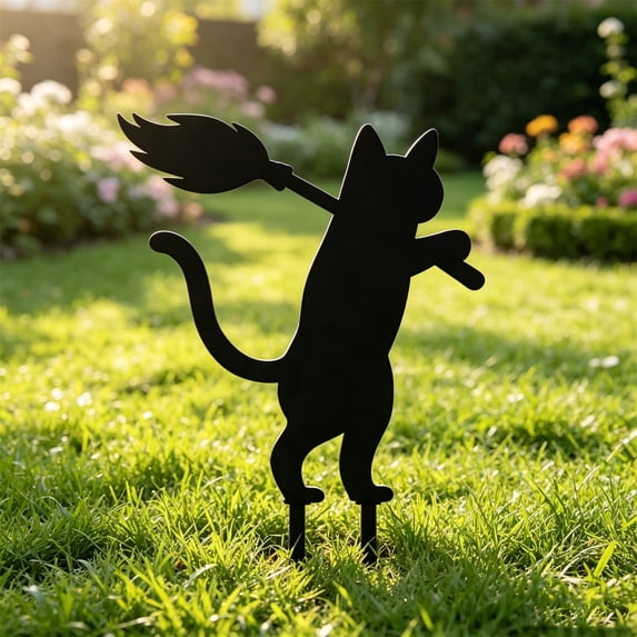 Halloween Garden Garden Stake,Metal Cat Broom Stake,Outdoor Yard Silhouette Ornament for Backyard Lawn Arrangement and Holiday Horror Party Decor