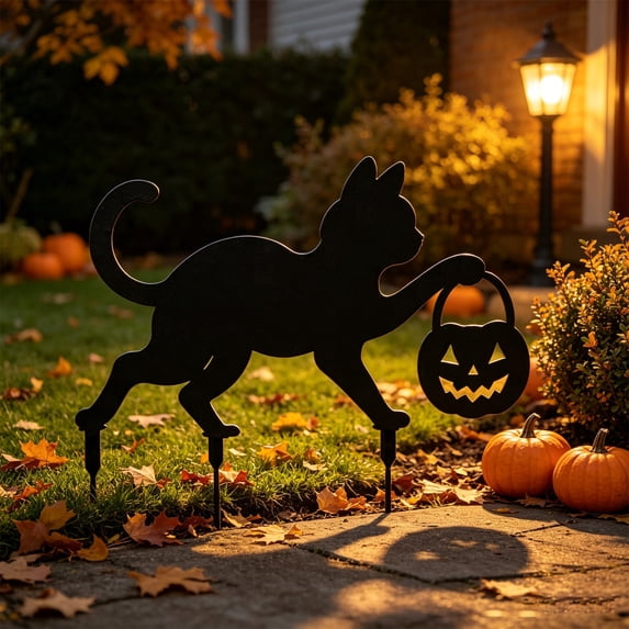Halloween Garden Garden Stake,Metal Cat Pumpkin Stake,Outdoor Yard Silhouette Ornament for Backyard Lawn Arrangement and Holiday Horror Party Decor