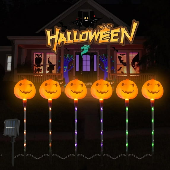 Upgraded 2 Pack Halloween Solar Pumpkin Lights Outdoor Decorations,More Modes Waterproof Halloween Pathway Stake Lights with Colorful LEDs, Pumpkin Decor for Garden, Yard, Party, Multicolor