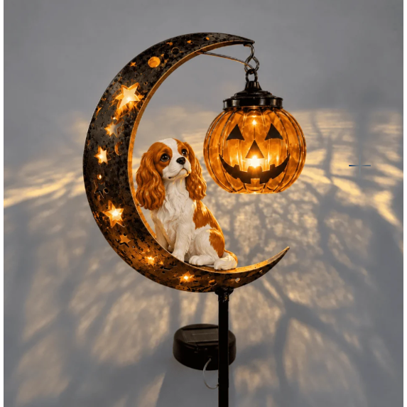 Halloween Garden Stake Light with Dog & Pumpkin, Solar Powered Outdoor Yard Decoration, Warm Amber Auto Dusk‑On Light for Walkway Garden Porch